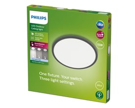 Philips LED Outdoor Ceiling light Superslim CL550 i sort emballage med IP54-klassificering og Sceneswitch-funktion.