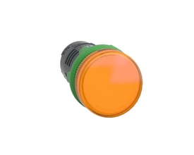 Schneider Electric signallampe XB5, Ø22mm, orange med plan linse og integreret LED. Lampen sidder på en grøn bagmontering.