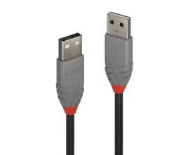 Sort USB 2.0 kabel Type A-A fra Lindy, 0,5 meter med grå stik og rød detalje.