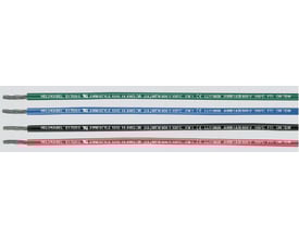 Fire monteringsledninger i forskellige farver: grøn, blå, sort og rød, alle med HELUKABEL E170315 trykt på.