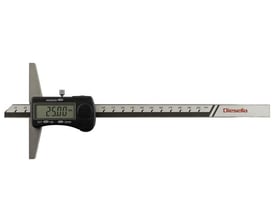 Diesella digitalt dybdemål 0-200 mm med sort hus og LCD-display viser 25.00 mm, 100 mm bro og DIN 862 mærkning.