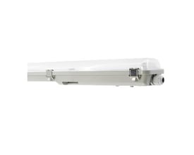 LEDVANCE Damp Proof armatur 1500 E til to rør med IP65-beskyttelse, set fra siden med hvidt armaturhus og tilslutning i enden.