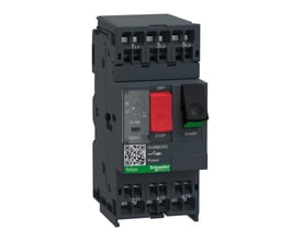 Detaljeret frontvisning af Schneider Electric motorværn GV2ME203, 13-18A, med justeringsskive, TEST-knap og QR-kode.