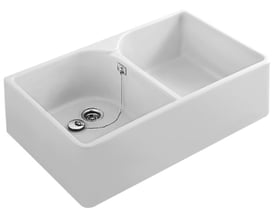 Villeroy & Boch 6332 O.Novo/Pro hvid dobbelt rengøringsvask på 90 cm, set skråt med begge kummer og afløb synlige.