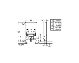 Teknisk tegning af Grohe Rapid SL bidetramme, 82 cm, med målinger for bredde, dybde og installationshøjde.