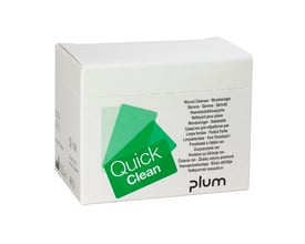 Hvid æske med Quick Clean sårrenseservietter, med grønne grafiske elementer og produktnavn på flere sprog.