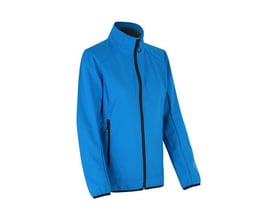 ID Identity azur softshell jakke til damer i størrelse S, vist forfra med lynlås og høj krave.