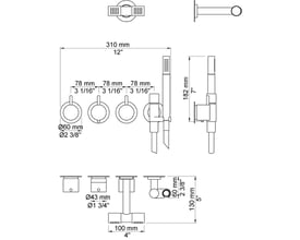 Teknisk tegning af Vola 5471R-081D-16 termostat indbygningssystem med dimensioner og komponentdetaljer.