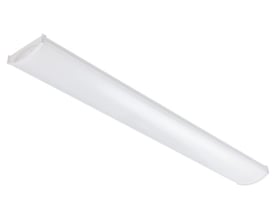 Ovenfra-skråt vinkel af et SG Armaturen Wave 1200 LED armatur, viser den buede akrylskærm og det hvide armaturhus.
