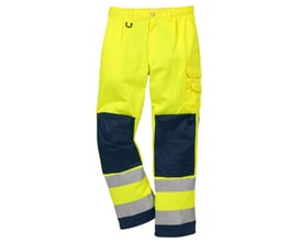 Kansas Hi Vis bukser KL2 i gul og marineblå med flere lommer, knæforstærkninger og refleksbånd.