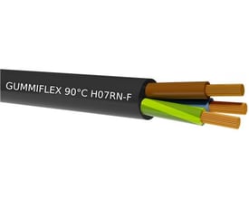 GUMMIFLEX TR500 H07RN-F 3G2,5 gummikabel med sort yderkappe og tre synlige ledere i brun, blå og grøn-gul.