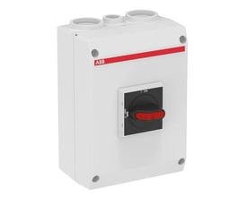 ABB sikkerhedsafbryder 30A, 4-polet, med sort greb og rød nødstopfunktion, monteret i grå kunststofkapsling med tydelig ABB logo.