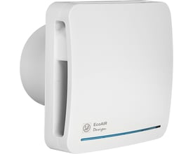S&P Ecoair Design badeværelsesventilator i hvid, 100mm, med diskret blå kant og tilslutning til ventilationsrør.