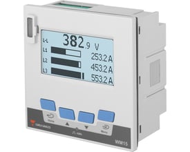 Carlo Gavazzi WM15 effektanalysator til 3-faset måling, set forfra med LCD-display, søjlediagrammer og blå betjeningsknapper.