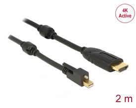 DeLock Mini DisplayPort 1.2 til HDMI 2m kabel, sort, med skrue. Viser både Mini DP og HDMI stik med 4K Active logo.