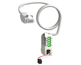 Rendering af Schneider Electric kommunikationsblok med 3m kabel, R/BK/B/W mærkning og grønne terminaler med +/- L H indikationer.