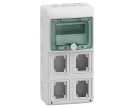 Schneider Electric Kaedra IP65 kapsling med plads til 12 moduler, vist med fire monteringsåbninger i bunden.