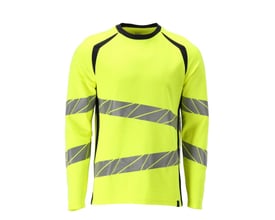Bagfra af Mascot langærmet Hi-Vis T-shirt i gul, der viser den mørkeblå bagside og reflekterende detaljer.