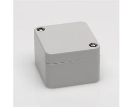 Bernstein CT-502 ABS-kasse på 52x50x35 mm i lysegrå RAL7035 med synlige skruer i rustfrit stål.