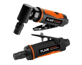 FLAIR Orange ligeslibersæt, vist med to forskellige vinkler, herunder en med 90-graders hoved og en lige model.