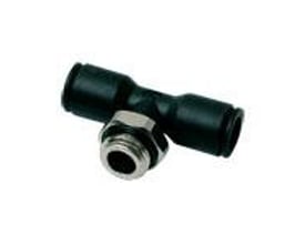 Parker T-stykke 16mm til 16mm rør med G3/8 udvendig gevind, fremstillet af sort teknisk polymer.