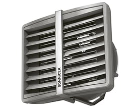 Grå Sonniger MIX 1 EC-ventilator til varmefordeling med lamelgitter, set skråt forfra.