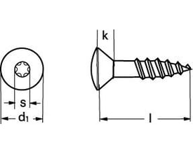 Skrueskitse med dimensioner viser linsehovedet med TORX10 kærv og delgevind for 3,0X35 A2 spånpladeskrue.
