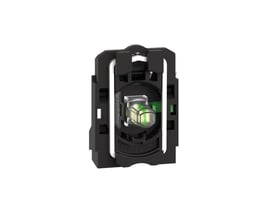 Schneider Electric Uni LED lampetrykskrop med 1XNO kontakt, 120V, vist forfra med tydelig LED og indgraveret produktnummer.