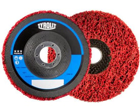Tyrolit grovrengører 115 × 22,2 mm med rød, grov overflade og centerhul; for- og bagside ses.