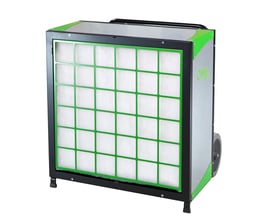 SILA 2000A3 luftrenser med stort HEPA 13 filter og grøn ramme, vist på hvid baggrund med transporthjul.