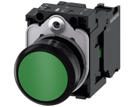 Siemens 22mm grøn trykknap med momentan kontakt og 1NO, skrueklemme på sort plast. Kan ses fra siden med tydelig Siemens logo.
