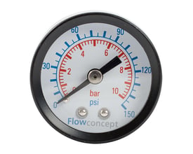 Tjep manometer med 40 mm skive, måler fra 0 til 10 bar og 0 til 150 psi med 1/8" gevindtilslutning.