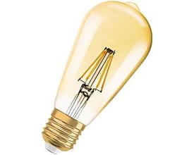 Ledvance 1906 Edison guld fil LED-pære med synlig LED-glødetråd og gyldent glas.