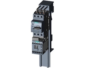 Siemens Sirius motorstarter, 10-16A, AC 230V, viser tilslutninger og justeringshjul på en 60mm skinne.