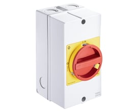 Kraus & Naimer EMC sikkerhedsafbryder, 25A, 4-polet med rød/gul betjeningsknap i hvid IP66/67 plastkapsling.