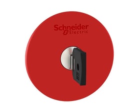 Nærbillede af det røde, runde paddehoved på Schneider Electric nødstop med indsat nøgle og logo.