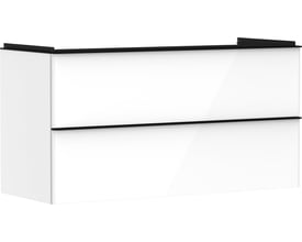 Frontvisning af Hansgrohe Xelu Q vaskeskab i hvid højglans med to skuffer og diskret greb.