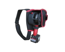 Værktøjsbælte i sort med røde kanter til Flair bindemaskine XDL-40A, med spole og batteri.