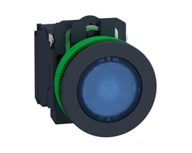 Schneider Electric Harmony XB5/ZB5 flush trykknap i blå med 24V LED og 1NO+1NC kontakter, vist på hvid baggrund.