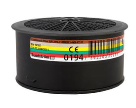Sundström SR299-2 gasfilter, ABEK1-Hg-P3, med etiket der viser produktinformation, CE-mærke og stregkode.
