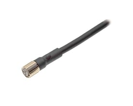 Nærbillede af Omron M8 sensorkabel med lige fatning (hun) og 4-polet konnektor samt en del af det sorte PVC-kabel.