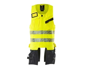 Mascot hi-vis værktøjsvest i gul og mørk marine, 2XL, vist forfra med lynlåsdetaljer og synlige lommer på brystet.