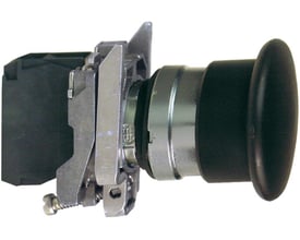 Schneider Electric Harmony Style 4 paddetryk i sort med 40mm paddehoved og 1NO kontakt, vist med monteringsmekanisme og baggrundskontakt.