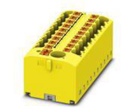Phoenix Contact fordelingsblok 3273510, gul, med 19 push-in tilslutninger og 450V mærkespænding.