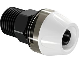 Uponor RTM-kobling med hvid PPSU-presdel, metalring og sort 3/4-tommers nippel til 25 mm rør.