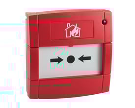 Schneider Electric System Sensor adresserbart brandtryk MCP5A-RP02 i rød plast med brand- og pilikoner.