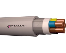 Prysmian 5G2,5 mm² armeret installationskabel i grå, halogenfri udførelse med tydelige kobberledere, gul/grøn jordleder og blå leder.