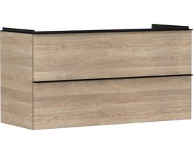 Hansgrohe Xelu Q vaskeskab i naturlig eg med to skuffer og integrerede aluminiumsgreb.