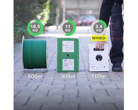 Oversigt over Lauritz Knudsen Kat.6 U/UTP datakabler i forskellige længder: 500m tromme, 305m box og 100m box, med vægtangivelser.