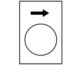 Schneider Electric ZB2BY4901 symbolskilt med sort højrepil symbol over en cirkelåbning, måler 30 x 40 mm i hvid plast.